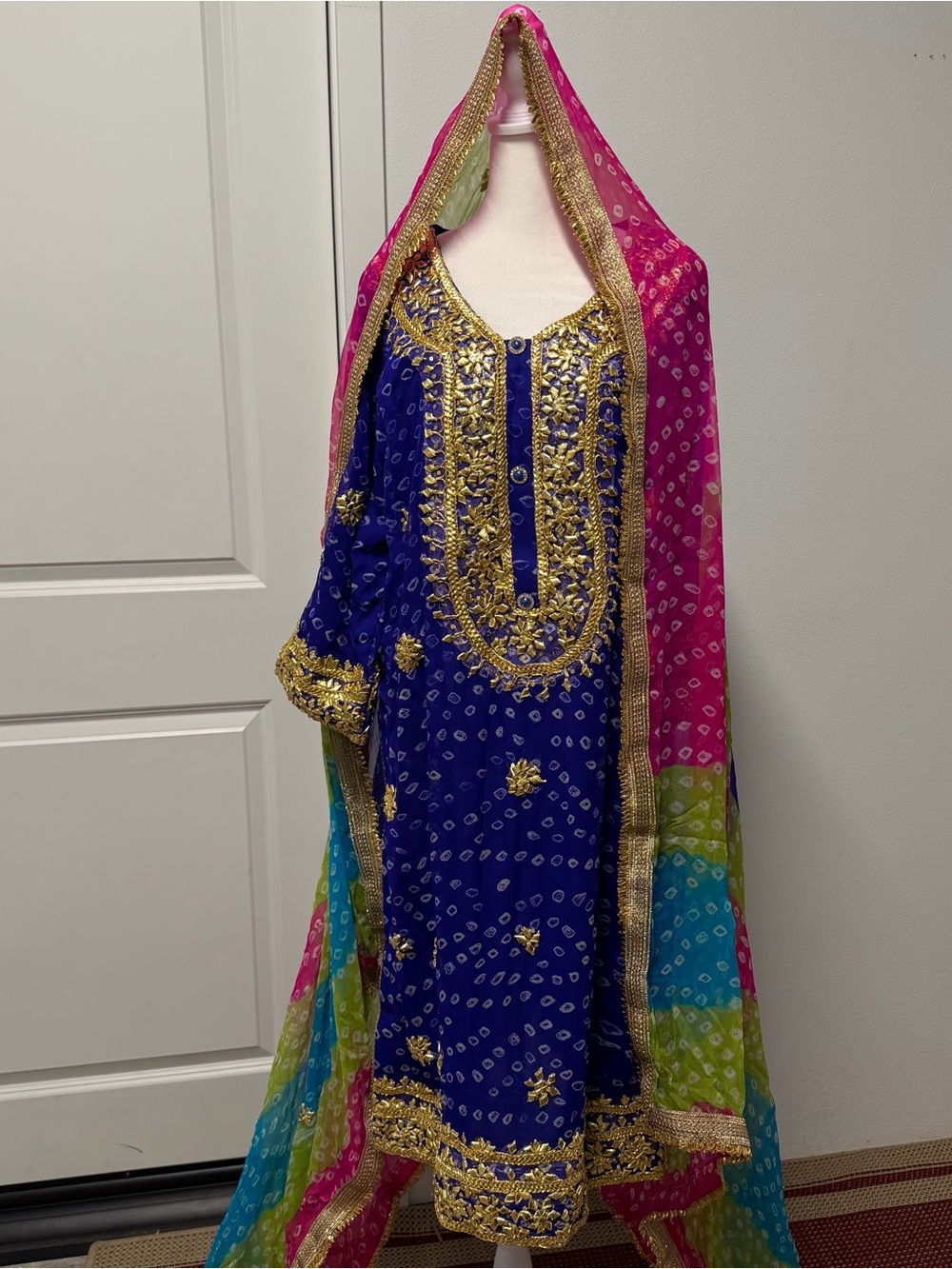 Royal Blue & Gold Embroidered Pakistani Suit with Multicolor Bandhani Dupatta